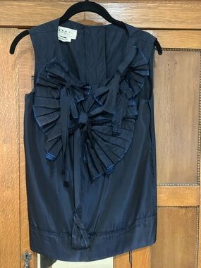 Marni Silk Navy Sleeveless Blouse with Pleated Bow Detail